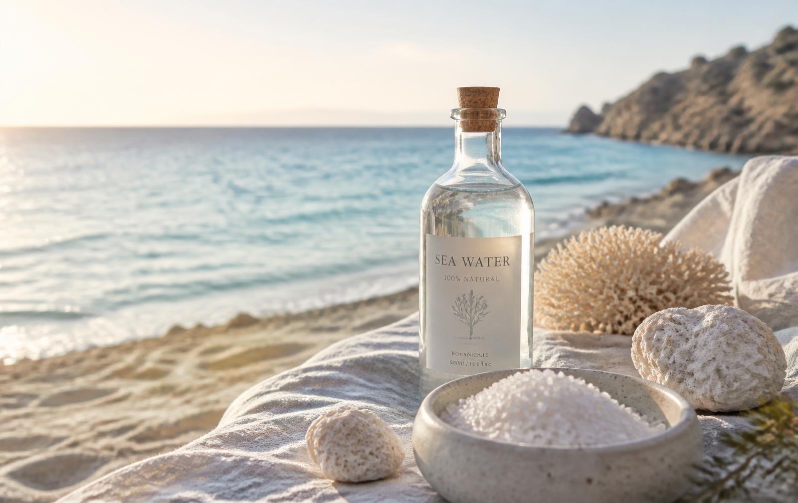 Botella de agua de mar y sal marina natural frente a un mar turquesa al atardecer