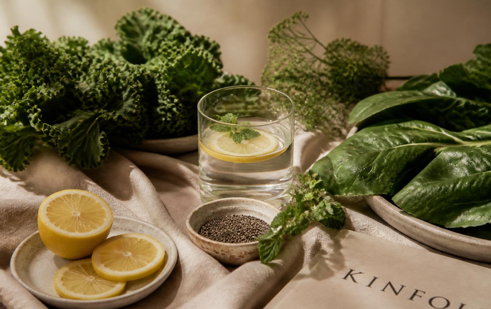 Verduras de hoja verde, limón y un vaso de agua con limón sobre lino natural