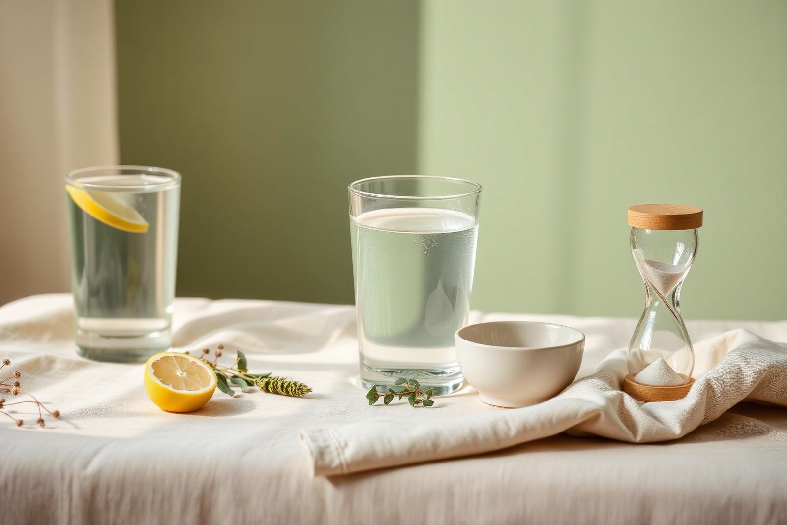 Vaso de agua con limón, cuenco vacío y reloj de arena sobre un mantel de lino, luz natural suave