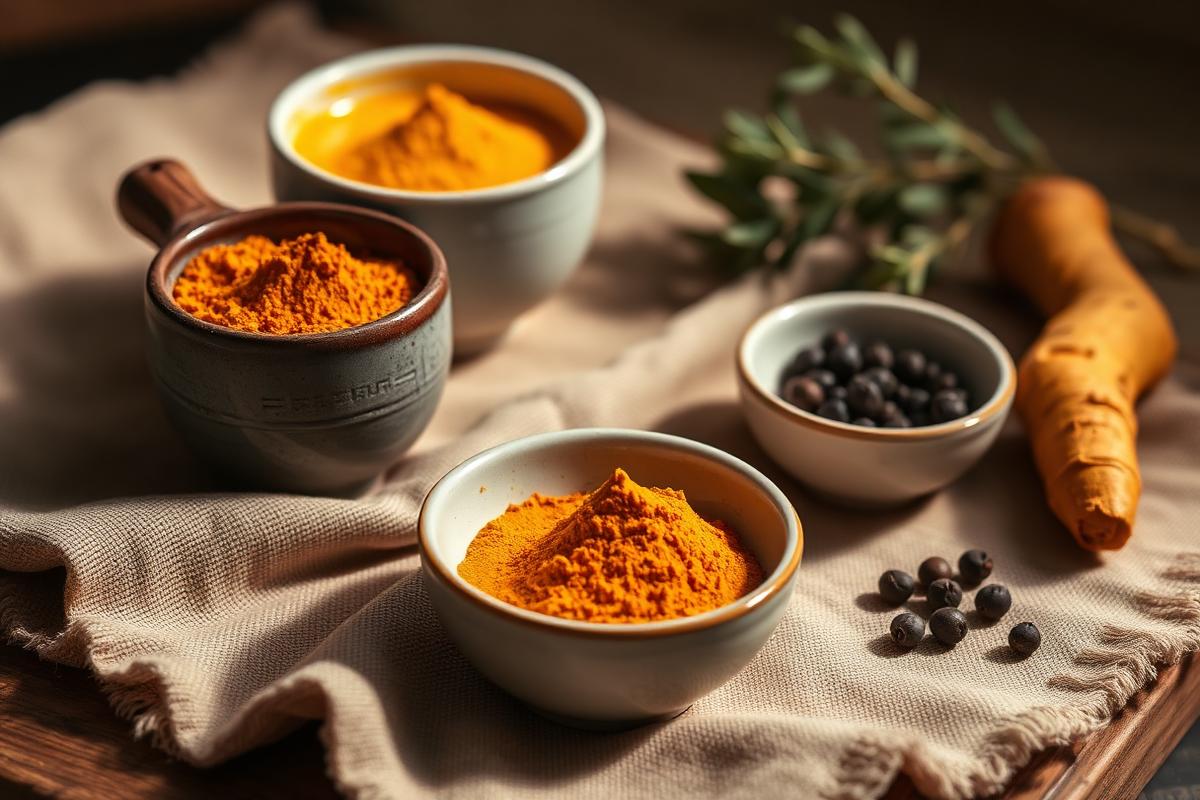 Cuencos de cúrcuma en polvo, raíz fresca y pimienta negra sobre lino