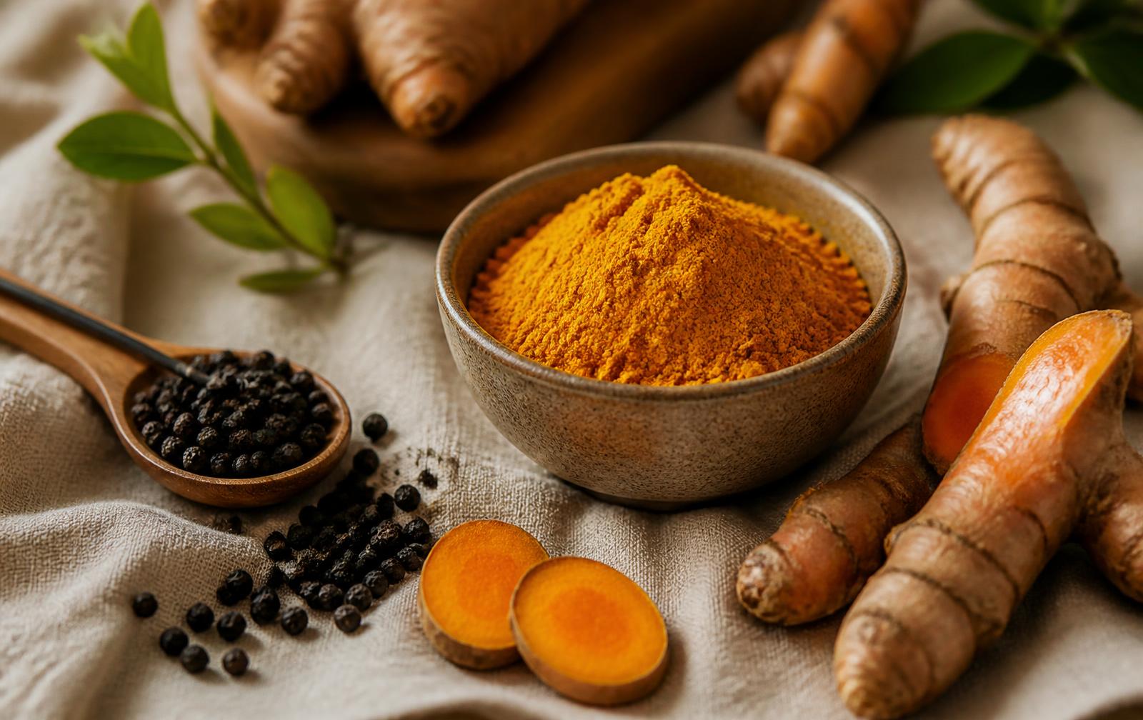 Raíces de cúrcuma, cúrcuma en polvo y granos de pimienta negra sobre lino natural