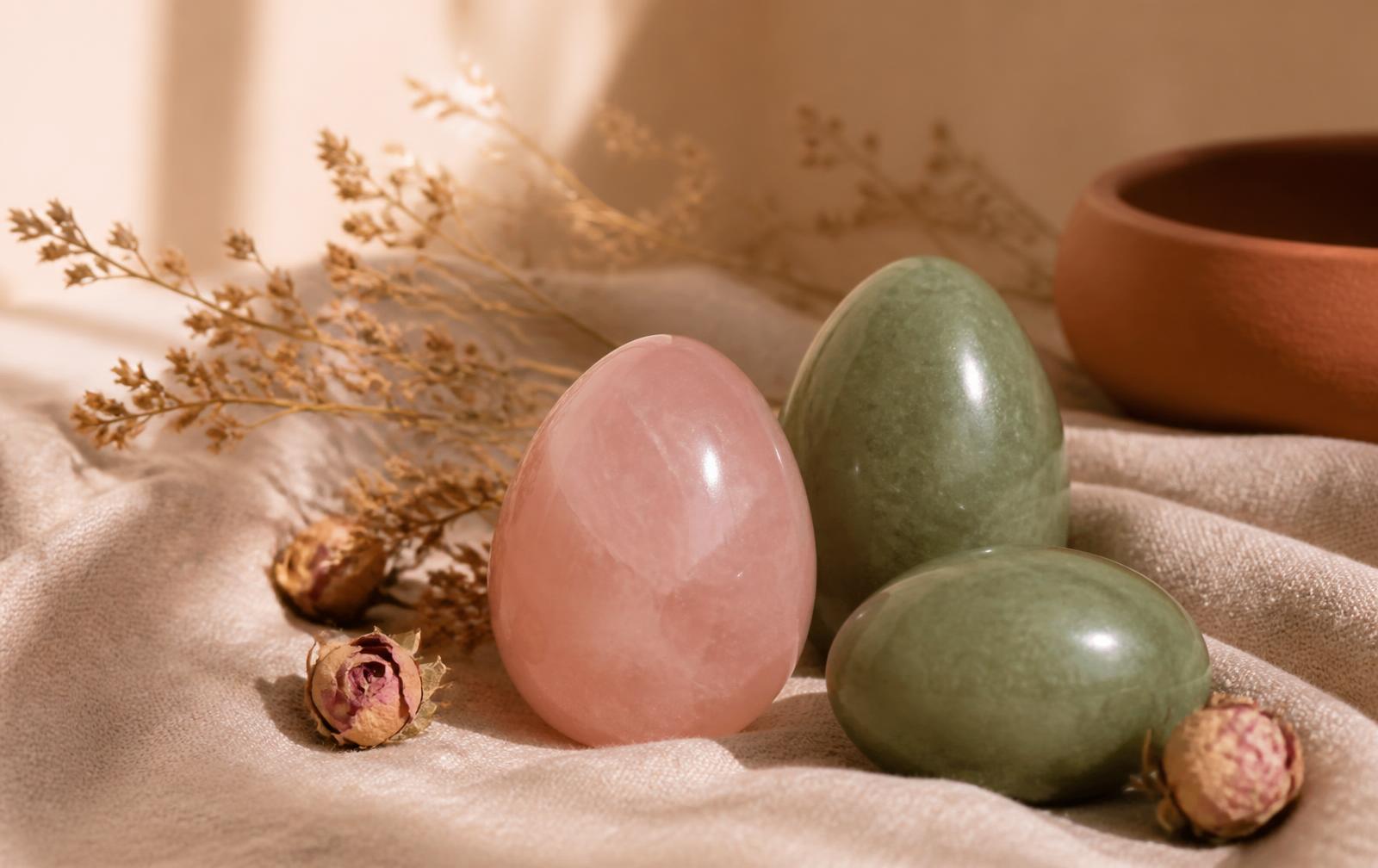 Huevos yoni de cuarzo rosa y jade sobre lino natural con luz dorada
